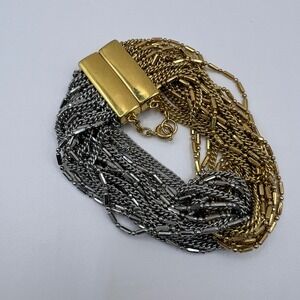 Vintage Two Tone Multi Strand Magnetic Clasp Bracelet Gold Silver Tone 7.5 Inch